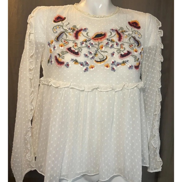 ZARA Trafaluc Collection Boho Top Embroidered Floral Peplum Ruffled Size Small - Picture 9 of 15